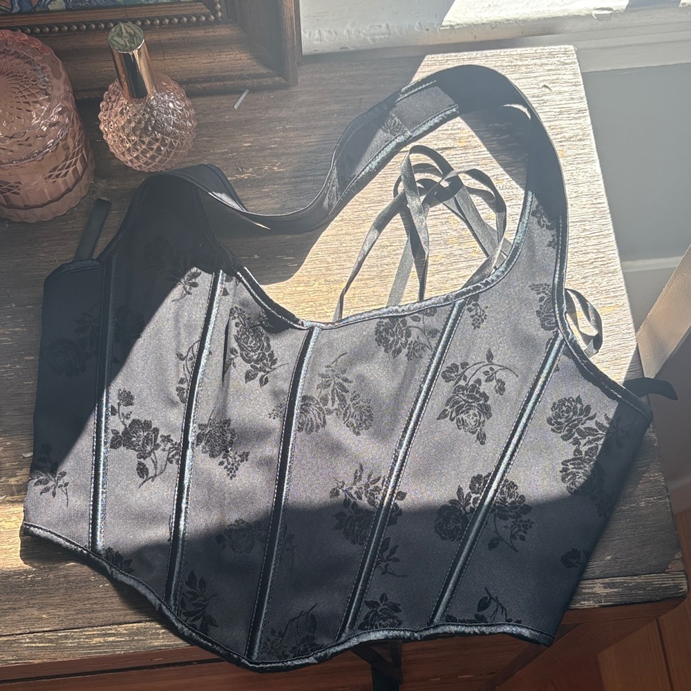 Black Floral Brocade Corset Top